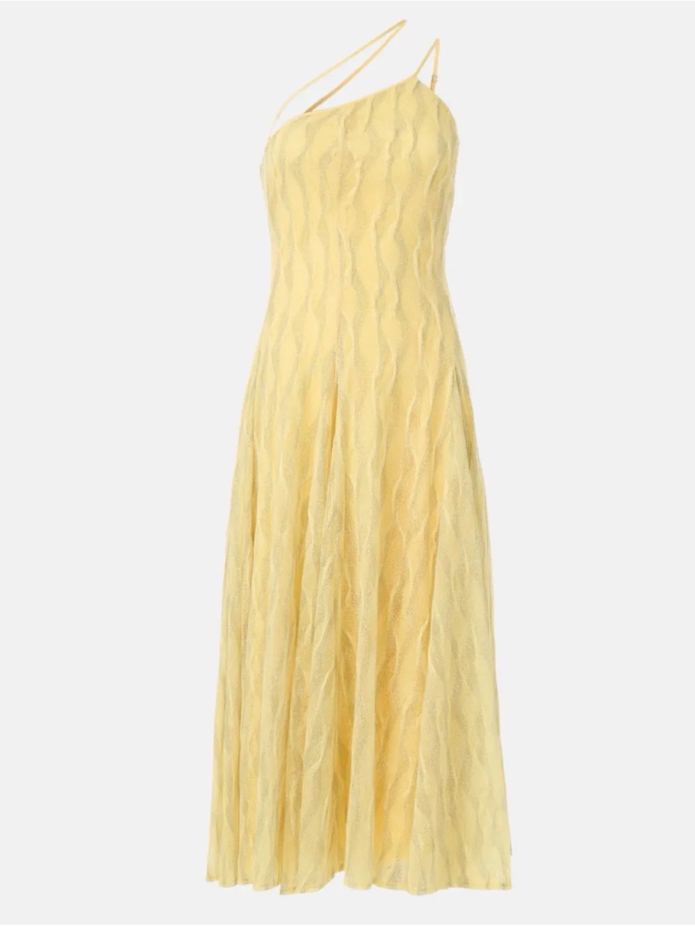 Black Halo Athena One-Shoulder Yellow Midi Shimmer Dress